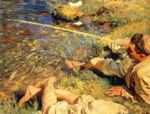 Val d'Aosta, Man Fishing by Oil Painting Reproduction